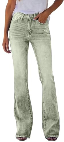 Flared Jeans for Women UK, Ladies High Waisted Wide Leg Jeans, Bootcut Denim Trousers with Pockets for Daily Outfits Light Green