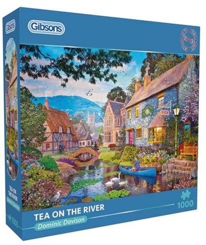 Gibsons Tea on the River 1000 Piece Jigsaw Puzzle for Adults – Peaceful Riverside Tea Room Scene by Dominic Davison – Countryside Artwork – Premium Sustainable Puzzle Made in the UK/EU
