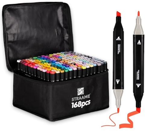 Straame Alcohol Markers – 168 Dual-Tip Pens, Fine (1mm) & Chisel (6mm) Nibs, Double-Ended Art Pens for Drawing, Sketching, Manga & Anime, With Durable Carry Case(Paint Markers - 168 pcs)