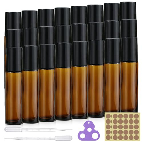 24 st. rulle på glasflaskor för eterisk olja, 10 ml roll-on flaska, tom med rostfritt stål roller boll droppare öppnare och klistermärken, påfyllningsbar deoroller för fyllning för gör-det-själv-oljor