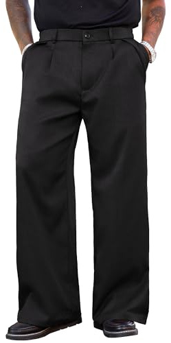 PLEPAN Men's Wide Leg Dress Pants Baggy Pleated Casual Trousers Relaxed Fit Elastic Waist Business Slacks with Pockets Black Large