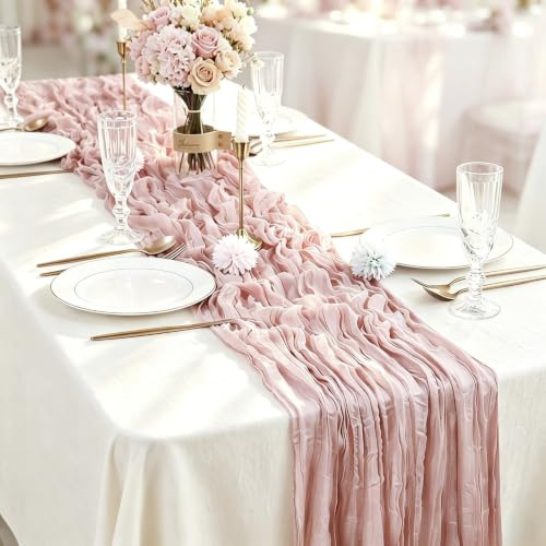 Otauoaea Tischläufer Vintage-Rosa (1 Stück, 50x300 cm) - Rustikale Gaze Käsetuch Tischläufer im Bali-Gaze mit Faltenwurf für Hochzeit, Gartenparty, Brautparty, Geburtstag & Boho-Deko
