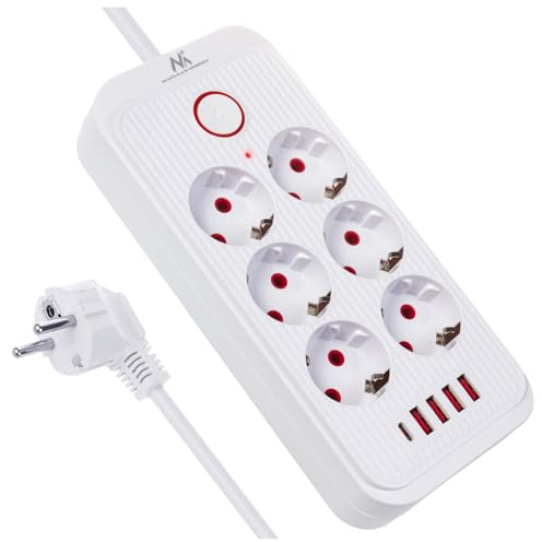 Maclean MCE389/391 grenuttag | 6 kontakter 4 x USB 1 x USB-C 2500 W | Skrivbordsförlängningskabel med strömbrytare | 45°-portar | Väggmontering (vit, 3 m)