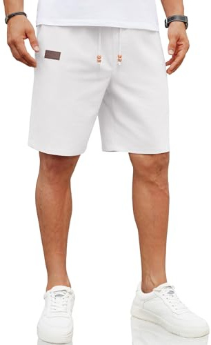 COOFANDY Pantaloncini da Uomo Pantaloncini di Lino Pantaloni Elastici per Il Tempo Libero Pantaloncini Estivi Pantaloni di Lino Regolari con Tasche Bianco L