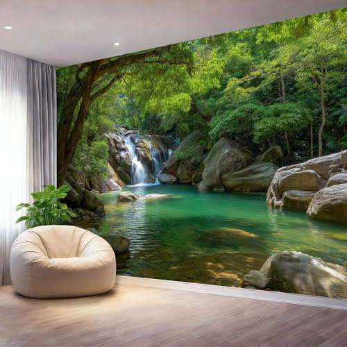 Papel pintado fotográfico no tejido 250 x 175 cm Gigante Póster Cascada Natural Agua Que Fluye Decoración, Verde Decoración de pared de papel tapiz panorámico 3D