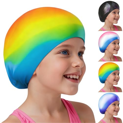 AMFUN Kids Swimming Cap 4-12 Years, Gradient Rainbow Silicone Swim Cap, Waterproof Anti Slip Ear Protection, Odour Free Chlorine Resistant with Zipper Pouch for Pool Beach Training