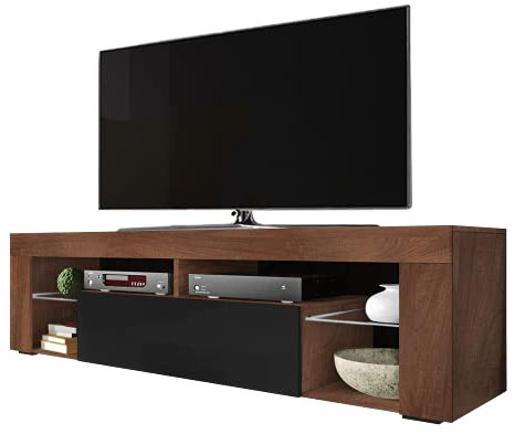 Selsey BIANKO - Mueble TV Moderno/Mesa TV/Mueble para Salón / 140 cm (sin LED, Nogal/Negro Brillante)