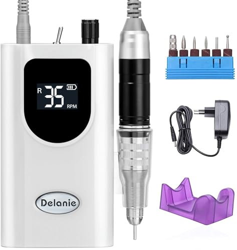 Nagelfräser Elektrisch 35000 U/min, Delanie Akku-Nagelfräser für Acrylnägel Nagellack, wiederaufladbare elektrische Nagelfeile mit Nagelbohrern, Einstellbare Geschwindigkeit und Richtung -weiß