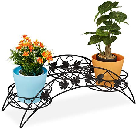 Relaxdays Blumentreppe, 3 Ablagen, gebogener Pflanzenständer, In- & Outdoor, antik, Eisen, HBT 21 x 55 x 19 cm, schwarz