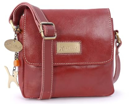Catwalk Collection Handbags - Damen Antik - Leder Umhängetasche - Crossbody Bag Klein - Messenger Bag - Verstellbarer Schultergurt - Sabine - Rot