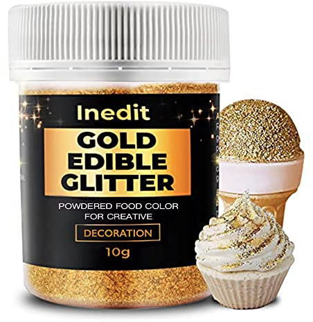 inedit Gold Edible Glitter 10g - Edible Glitter for Cake / Food / Drinks / Muffins / Icing - Cake Decorations - Edible Gold Dust / Leaf / Paint - Vegan