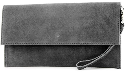 modamoda de T151 Damen Wildleder Rauleder Clutch Umhängetasche Abendtasche handmade in Italy, Farbe:Dunkelgrau2021