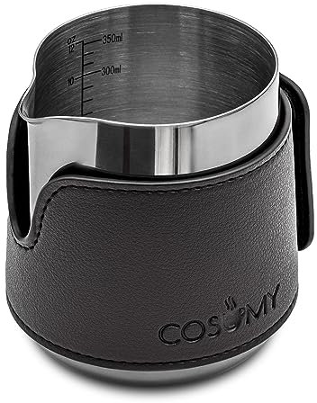 Cosumy Bricco Latte Professionale - Lattiera in Acciaio Inox 350ml - Piccola - Bricchetto Latte con Segno di Misurazione - Con Beccuccio Speciale Latte Art