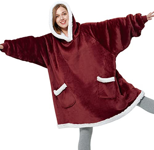 BEDSURE Hoodie Decke mit Ärmeln und Kapuze - Kuscheldecke mit Ärmeln Sherpa Kuschelpullover Damen als Geschenke für Frauen, Rot, 95x83cm