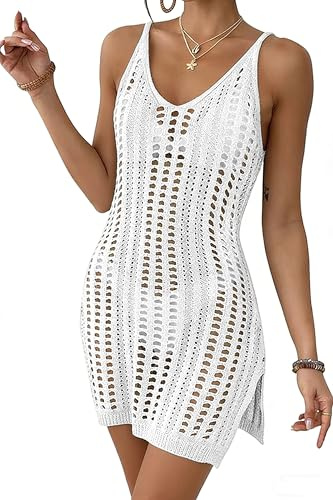 Timuspo Bikini Cover Up dam ärmlös strandklänning, virkad klänning, V-ringad baddräkter, överkast, sidoslits, strandtunika, Vit, S