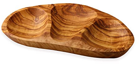 Cleminson Plato de madera de olivo tallada a mano de 3 secciones para aperitivos y bocados - 26 x 15 cm