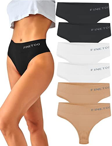FINETOO 6-Pack String Tangas Dames Gainante Ventre Plat Ensemble de Cordes sans Couture String Respirant Femmes Slip Taille Haute sous-Vêtements Culottes Douces S-XL