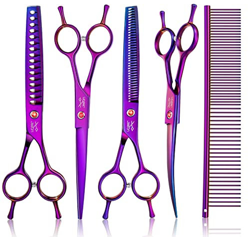 JASON Profi 7,5 Hundeschere Set 6 in 1 Fellschere Set für Hunde - gerade gebogene Hundeschere 16/36 Zähne Effilierschere für Hunde mit ergonomischem Griff für Haustier Fellpflege