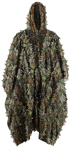 PELLOR Ghillie Suit Adults 3D Leaves Mens Camouflage Poncho Halloween Camo Netting Outdoor Airsoft Clothing Military CS Woodland Hunting Clothes Free Size