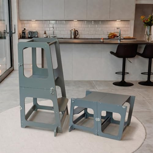 The Learning Tower Company, Convertible 2-in-1 Kids Kitchen Stool & Table/Chair, 1-6 Years Wooden Standing Tower with Safety Feet, Montessori Kitchen Step Stool, (Grey)
