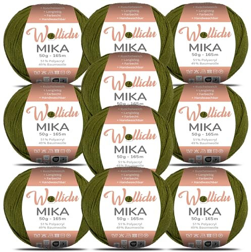 Wollidu Mika 51% Polyacryl 49% Baumwolle zum Häkeln und Stricken 10x 50g/165m Oeko-Tex Strickgarn Häkelgarn - Dunkelgrün
