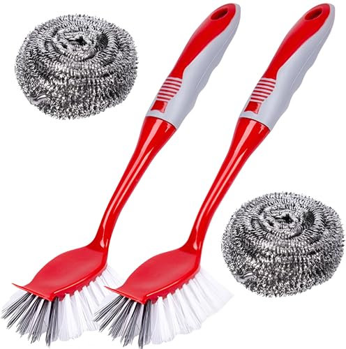 Kit 2 Cepillo Estropajo con Mango Largo para Cocina y Fregadero - Limpieza de Platos Fregaplatos - Silicona para Limpiar - Kitchen Brush