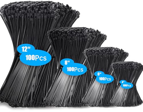 Hosuni 400 Piezas Bridas Plastico, Bridas para Cables Profesionales 100/150/200/300mm, Bridas Negras, 18kg de Resistencia a la tracción, Resistentes a los Rayos UV para Interiores y Exteriores