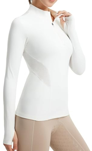 FitsT4 Sports Womens Equestrian Shirts Thumbholes Long Sleeve Horse Riding Shirts Quick Dry UPF50+ Riding Top Half Zip White S