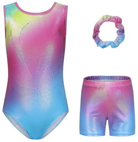 SEAUR Justaucorps de Gymnastique Fille 5-12 Ans Tenues de Gymnastique Body avec Short Bandeau Leotard de Danse Patinage pour Enfant