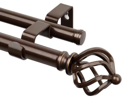 KAMANINA Barra de cortina doble de 7/8 pulgadas de 36 a 72 pulgadas (3-6 pies) de bronce antiguo para ventanas, barras telescópicas de alta resistencia con remates decorativos trenzados de jaula