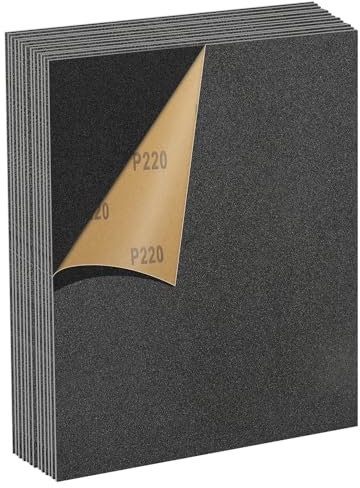 MOGRQAP Set de Papier Abrasif 220 Grains, 12 Pièces 23 x 28cm Papier Abrasif Résistant à l'Eau pour Voitures Métaux Murs Bois Meubles, Polissage Humide et Sec Papier de Verre