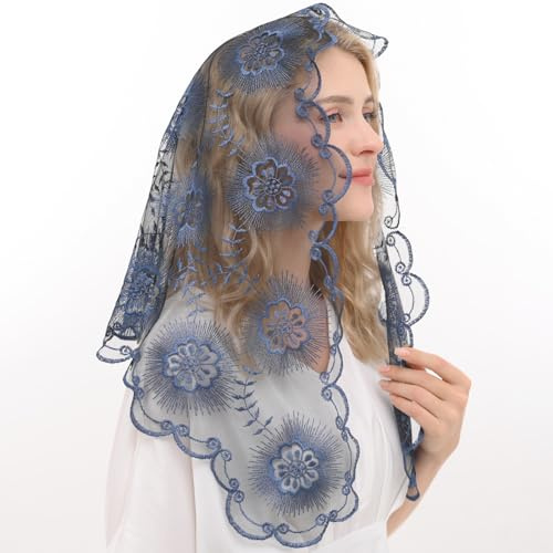 Brudslöja，Slöja Bridal Wedding Latin Mass Chapel Church Tulle Embroidered Lace Mantilla Veil Multicolor(Blue)