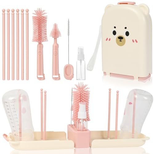 AOOTE Kit Completo de Limpieza de biberones, Set Cepillo Limpia Biberones Viaje de Ranuras de Secado Vertical,12 en 1 Set de cepillos para biberones con 3 Cepillos & Dispensado rde jabón(Rosa)