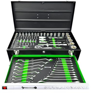PrimeUtensili Cassetta Attrezzi Portatile con 143 Pezzi, Metallo, 3 Scomparti, Nero e Verde, 45x20x21 cm, Set Completo di Utensili per Riparazioni