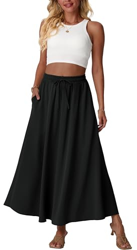 QIXING Women's Long Flowy Maxi Skirt High Waisted Boho Summer A-Line Skirts for Women UK Elasticated Waist with Pockets(Black, XL)