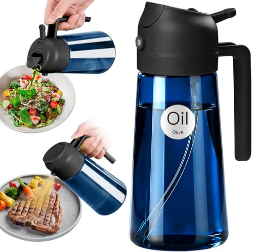 YARRAMATE Pulverizador de aceite oscuro con bloqueo de luz de 470 ml para cocinar, 2 en 1 con protección UV para la cocina, botella de aceite de vidrio azul de alta calidad, botella de spray de