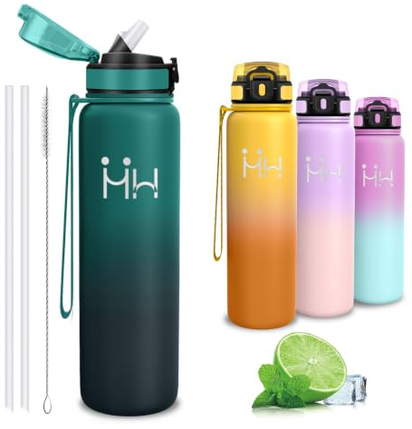 Gourde Isotherme, Gourde 1l, sans BPA, Bouteille Isotherme avec Paille