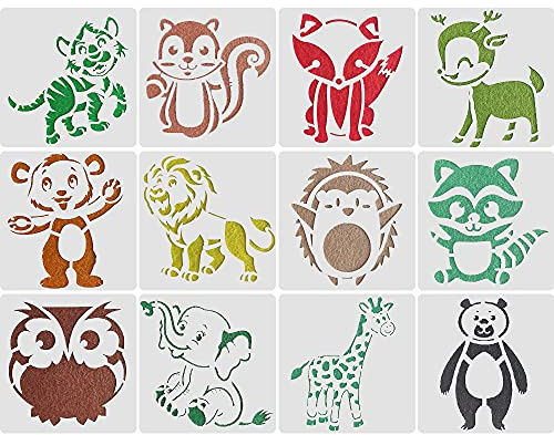 Plantillas de Pintura de Animales 12 PCS Plantilla de Plástico Animal 13 * 13CM Tarjeta de Plantilla de Pintura para niños DIY Herramientas de Doodle