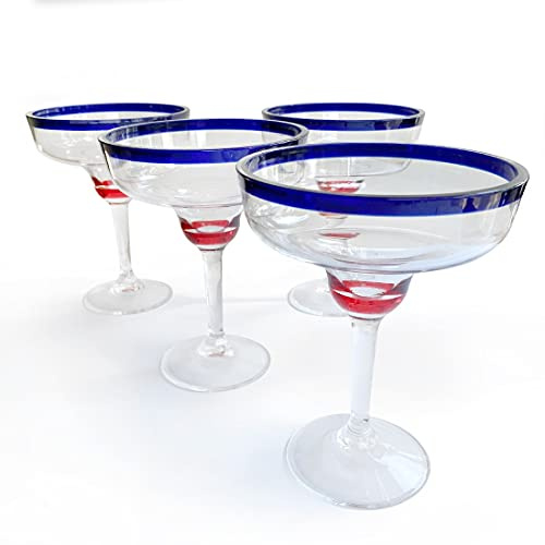 Lily's Home Unbreakable Margarita Glasses - 14 oz Shatterproof Plastic Set of 4 with Cobalt Blue Rims, Reusable Crystal Clear Stemware for Martini, Frozen Drinks, Pina Coladas & Cocktails