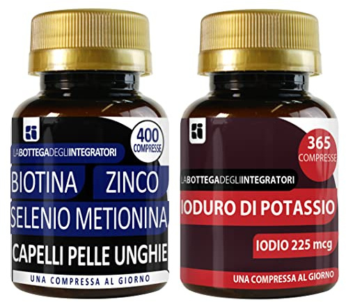 Set di integratori capelli pelle unghie + metabolismo e tiroide | biotina zinco selenio metionina 400 compresse + ioduro di potassio 365 compresse | senza glutine | non di origine animale