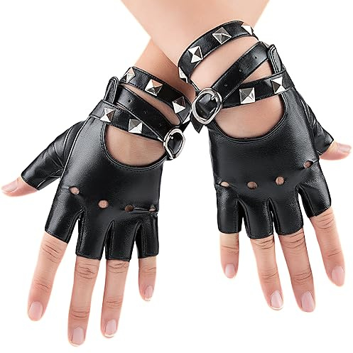 Kiddokids Fingerless Leather Gloves for Women & Kids, Black Faux Leather Motorcycle Gloves with Adjustable Belt & Rivet Design, Breathable Half Finger for Outdoor Sports, Halloween Costume Accessories