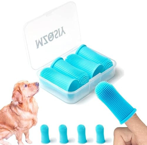 4 Stück Hund Finger Zahnbürste 360°Silikon Haustier Finger Zahnbürste für Hunde Katzen, Hunde Zahnbelag Hund Zahnpflege mit Aufbewahrungsbox, einfache Hund Zähne Reinigung (4 Stück, blau)