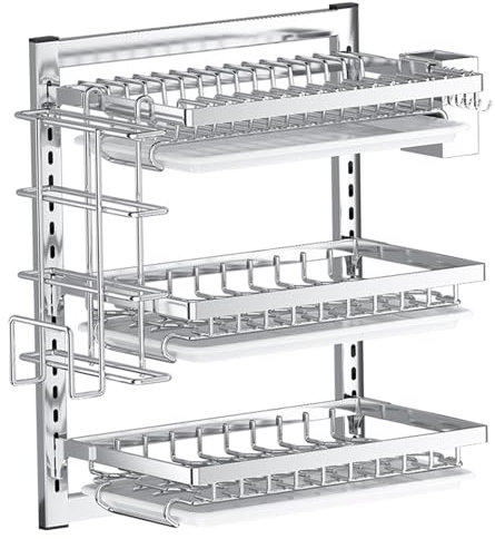 Naisicatar Estante de Secado de Platos Colgantes, 3 Niveles montados en la Pared estatúa Colgante de Plato Colgante Ajustable con estraz con torrente, Ganchos ＆ Soporte de culterio sin perforación
