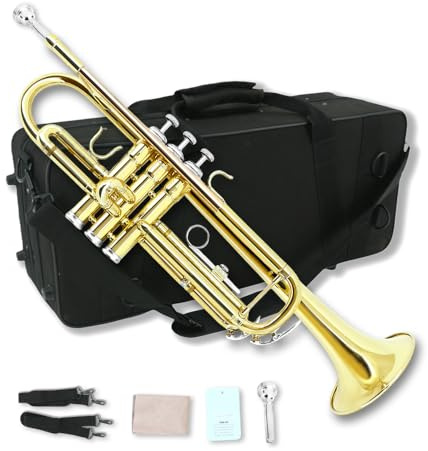 WUQIMUSC Standard Bb Trompete Set für Anfänger, Studenten Trompete, Messing Trompeteninstrument, B Flach, mit 7C Mundstück, Reinigungstuch, Handschuhen und Hartschalenkoffer (Golden)