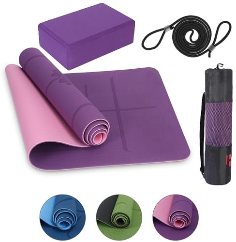 Habib Group Yogamtte Satz inklusive Yogablöcke - Rutschfeste Gepolsterte Trainingsmatte für Fitness Inklusive Yogagurt und Tasche - 1er Set YogaBlöcke für Pilates,Meditation,Erholung - Violett