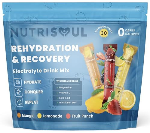 Rapid Rehydration Electrolyte Powder | 30 Sachets | Vitamins C, B1, B3 B5, B9, B12, Magnesium & Himalayn Salt | Zero Sugar | Revitalising Nutritional Electrolytes Hydration Drink Mix