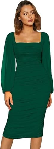 Haibang Elegante Kleider Damen Bodycon Langarm Mesh Midikleid Sexy Quadratischer Hals Rüschen Figurbetont Langarmkleid Festliche Hochzeit Partykleid Abendkleider Cocktailkleid