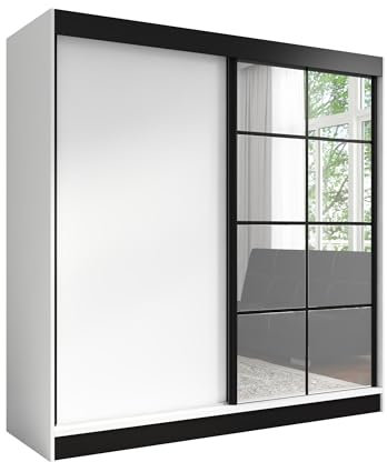 A&J MöbelLand Schwebetürenschrank TAVIRO Kleiderschrank 2-türig mit Schubladen und Spiegel, Garderobe 200 cm (Weiß)