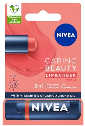 NIVEA 3-in-1 Caring Beauty Lip and Cheek Balm SPF 30, Coral, 4.8 g | Lip and Cheek Tint with Shea Butter, Vitamin E and Organic Almond Oil, Rich Colour, 24-Hour Moisture, SPF 30 UV Protection
