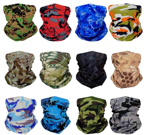 SMEHCF 12 Rafraîchissants Cache-cou Polyvalents Bandanas pour Femmes Hommes Bandeau Cagoule Cheveux Foulard Demi Masque Camouflage Numérique Python Bleu Marron Vert Jaune Désert Gris Rouge Orange